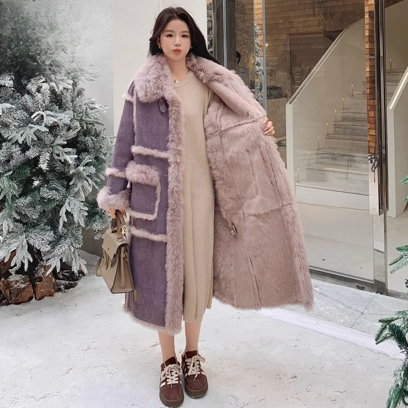 

2025 Winter Purple Faux Fur Coat Women Long Thick Warm Lamb Wool Jacket