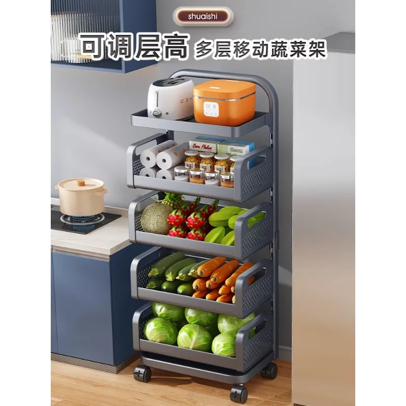 Kitchen basket rack floor movable fruit and vegetable storage rack multifunctional gray cart.