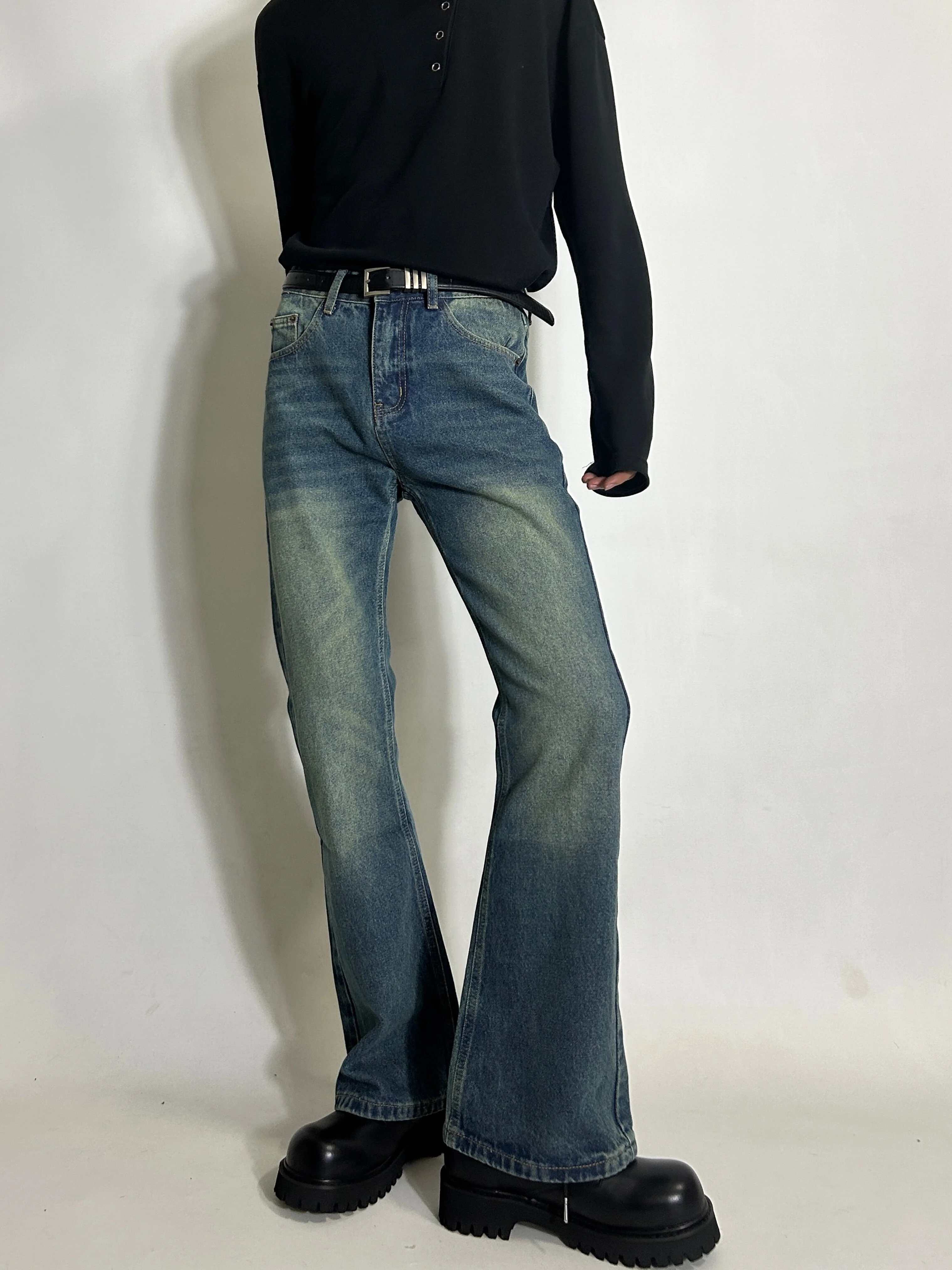 

Slim Fit American High Street Vibe Men's Jeans Bell Bottom Casual Pants Straight Leg Stretchy Cotton Blend Four Season Wear