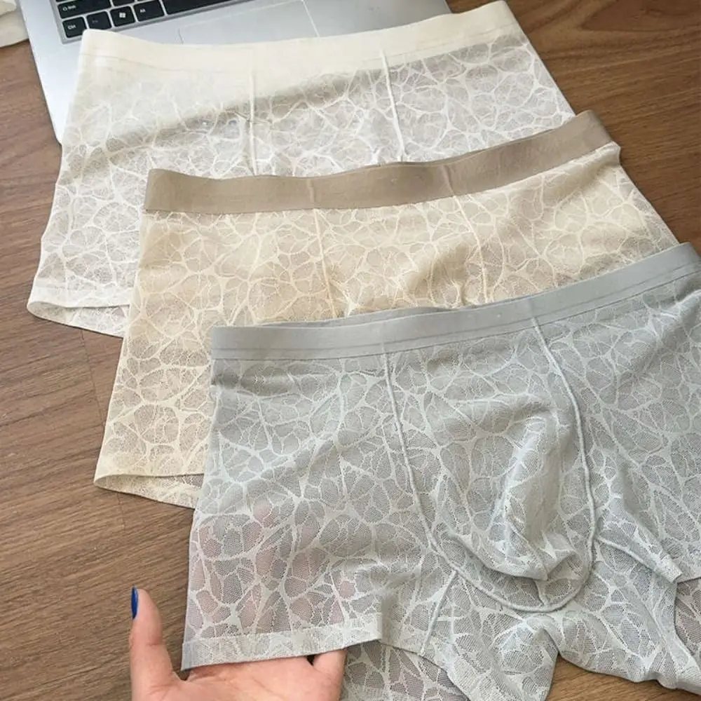Comfortable Underpants Men Boxer Briefs Ice Silk Mesh Thin Lace Shorts Boxers Summer Breathable Underwear for Men Gift