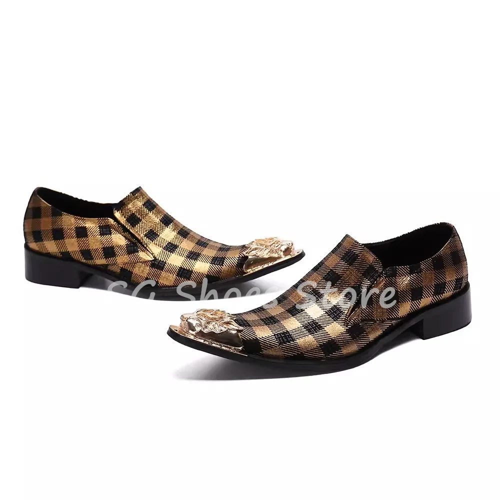 Mixed Color Checkered Metal Pointed Toe Splicing Leather Shoes for Men Shallow Slip-On Lazy Shoes Male Loafers Leisure Oxfords