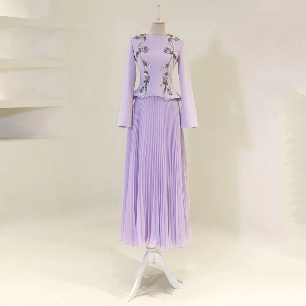 Arabisches Abendkleid, individuell gestaltet, zweiteilig, Rundhalsausschnitt, lange Ärmel, Perlenstickerei, Kristall, A-Linie, Saudi-Abschlussballkleid, Partykleider