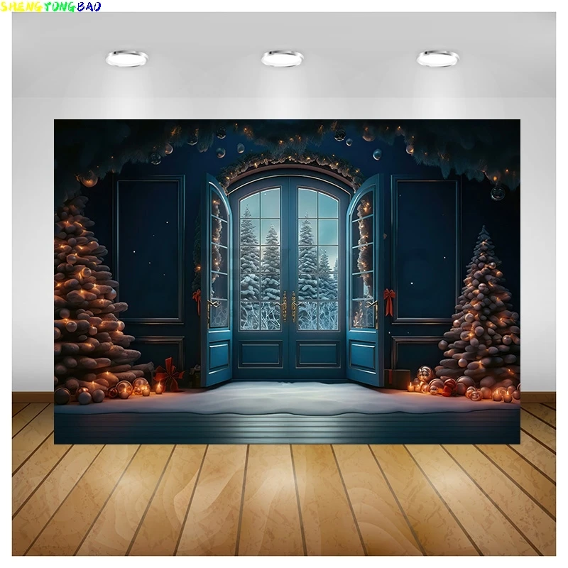 

Vinyl Custom Christmas Tree Window Candy Photography Backdrop Wooden Doors Snowman Cinema Pine New Year Background Prop LPR-01