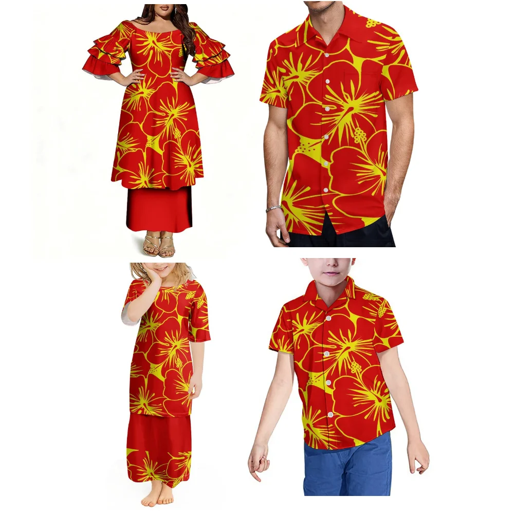 Comfortable And Soft Fabric Custom Wholesale Polynesian Style Family Wear Women'S Puletasi Suit Skirt Men'S Casual Shirt
