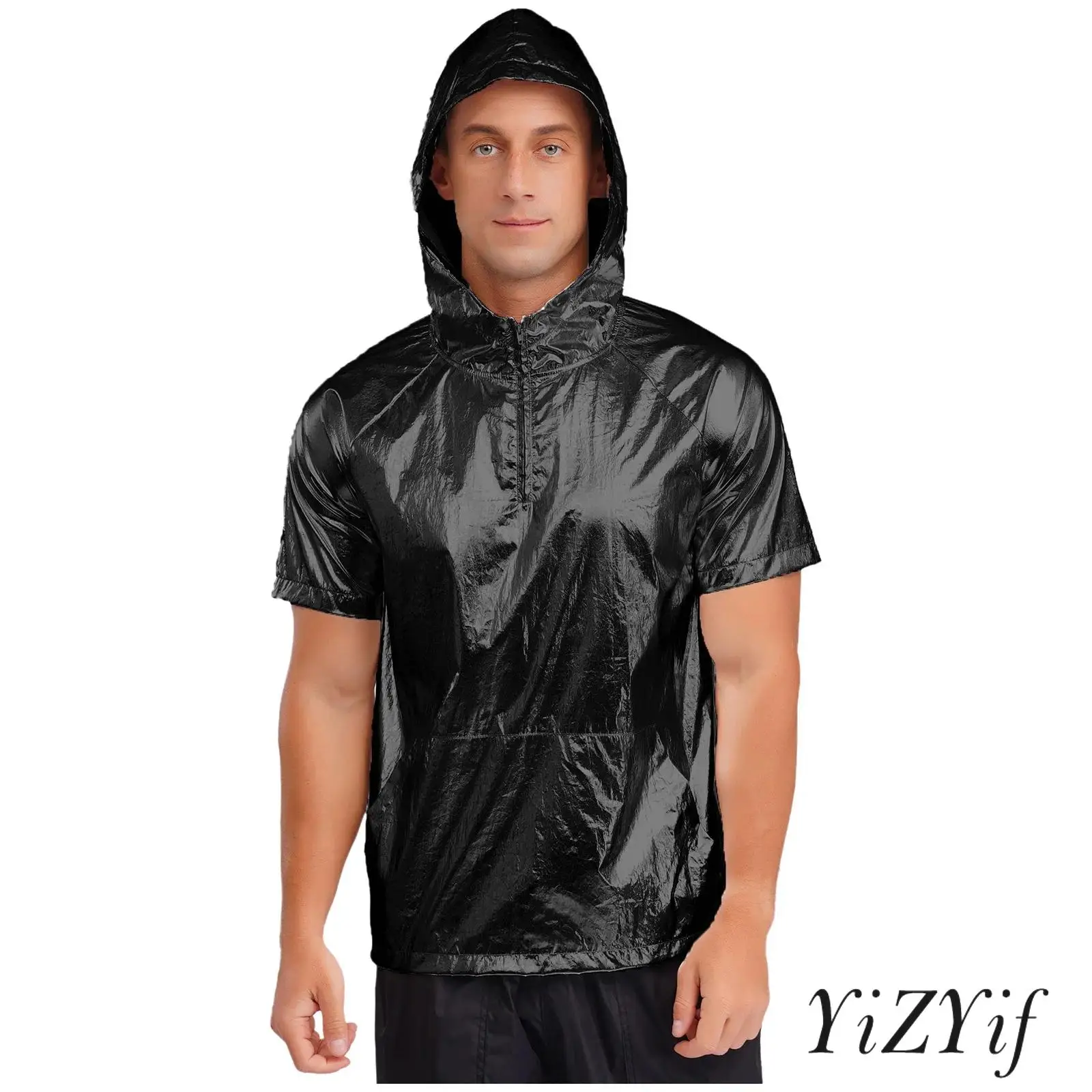 

Mens Fashion Metallic Hoodie Short Sleeve Zipper Hooded Pullover Lightweight Top for Sports Workout Party Club Music Festival