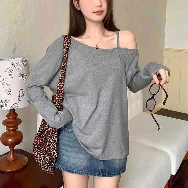 

Basic Skew Collar Pullovers Women's Clothing Korean Solid Color Spring Autumn Fashion Off Shoulder Casual Long Sleeve T-shirt