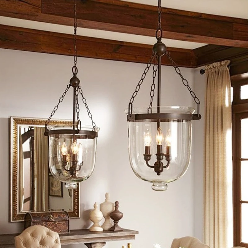 American Country Rotundity Clear Glass Pendant Light Retro Chain Sling Restaurant Living Room Kitchen Industry LED Lamp Fixtures