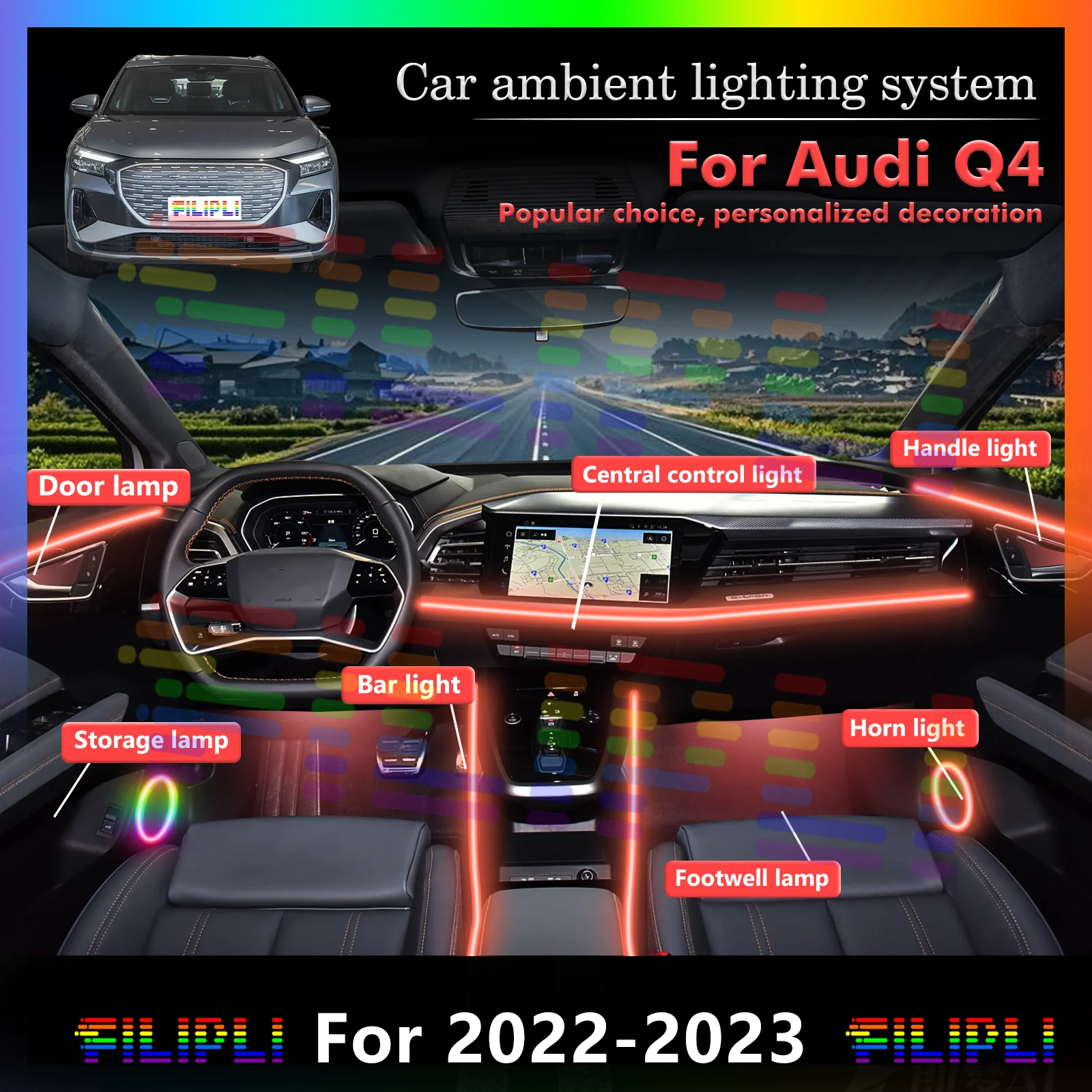

For Audi Q4 RGB 64 Colors LED Car Interior Atmosphere Light Smart Remote Control Rainbow Acrylic Strip Energy Saving Efficient