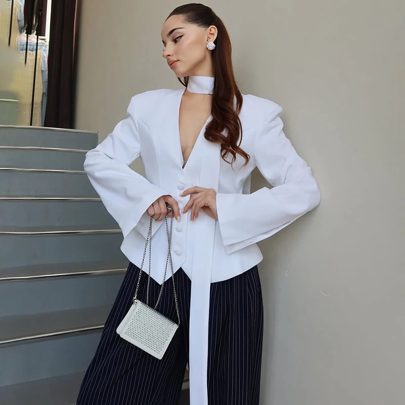 

Tornova V Neck Scarf Blazer Coat For Women Long Sleeve Casual Commuting Suits Coat 2025 Fashion Buttons Slim Short Outwear Lady