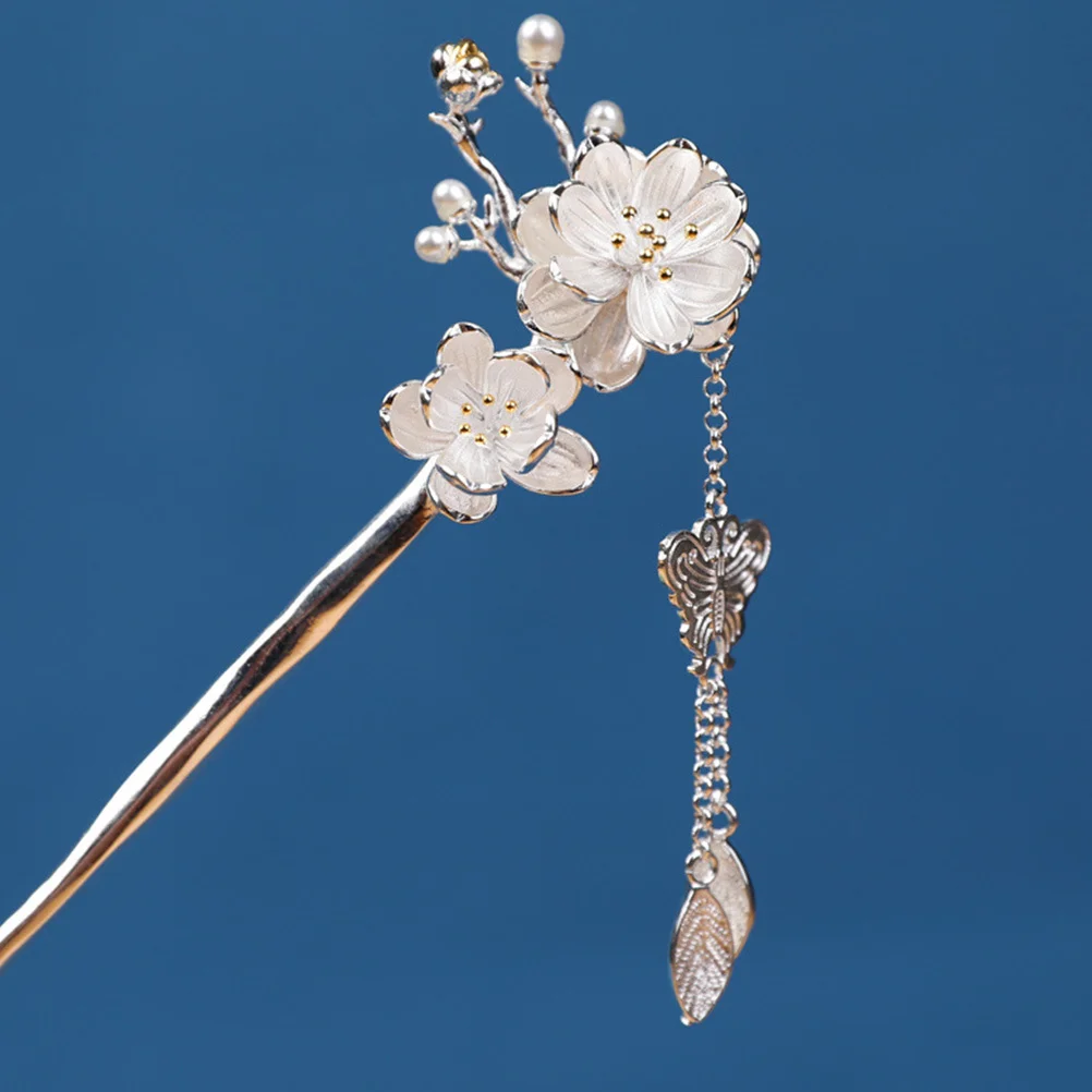 

For Women Plum Blossom Tassel Decor Sturdy Metal Hairpin Fork Long Stick Wedding Bridal Bun Stick Flower Hair Chopstick Chinese