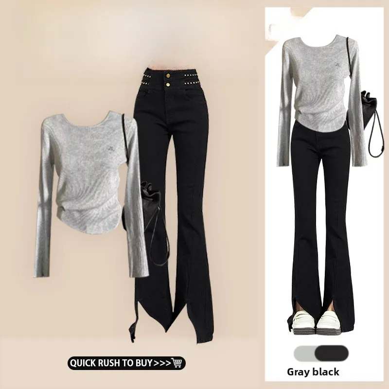 

Slimming Faionable Autumnal Denim Two-Piece Set Base Layer Top And Jeans Design Sensation Slim Fit Ele Sle Women's En...