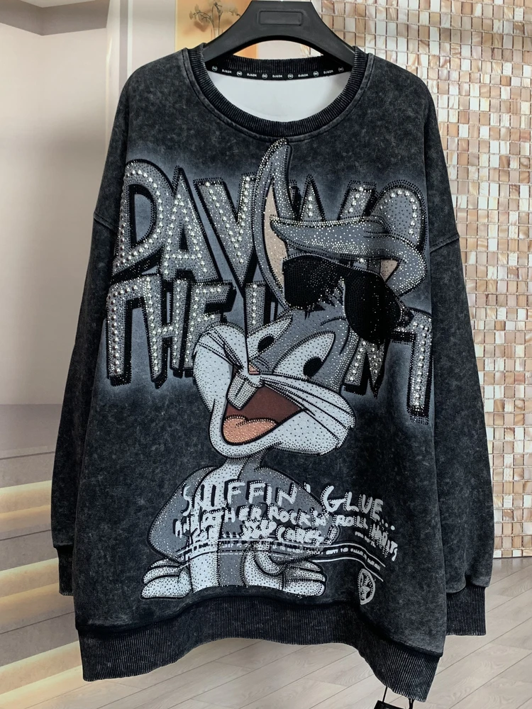 

Модный свитшот WR Trendy Brand с длинным рукавом и круглым вырезом, с принтом кролика и утки, устойчивый к выцветанию, для женщин