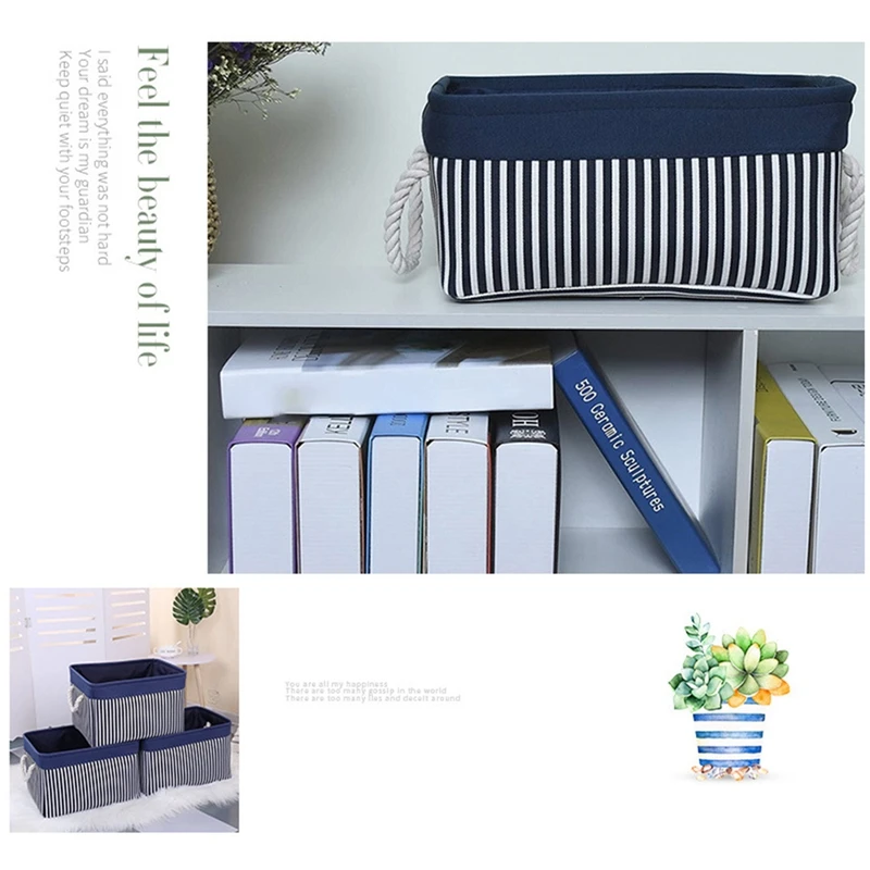 2 Pack Foldable Blue And White Striped Stitched Storage Basket Toy Storage Basket Home Organizing Basket