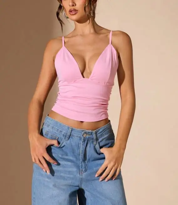 2026 Summer New Women's Fashion Sexy Sweet Pink V-neck Slimming Short Tank Top Women's Wear