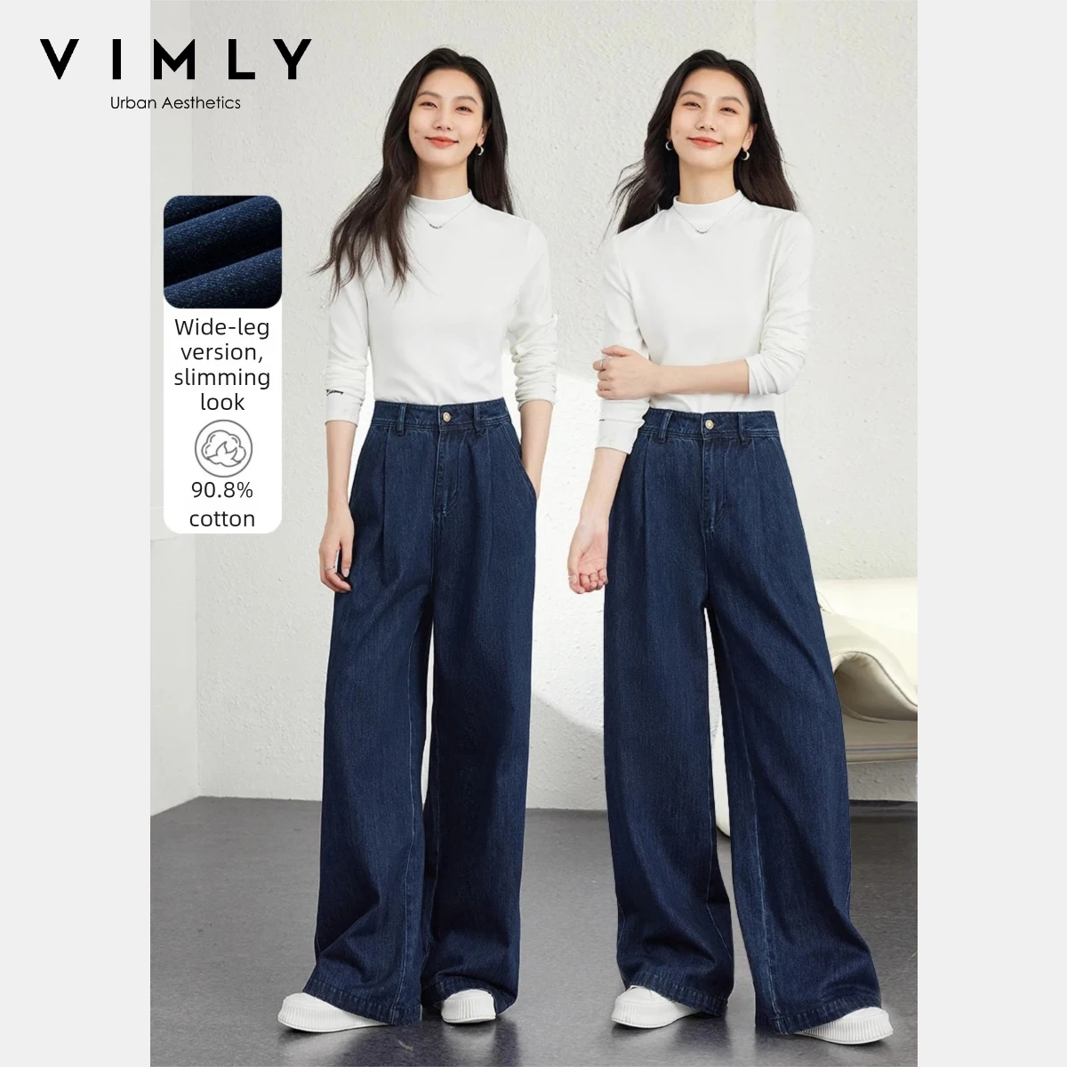 

VIMLY винтажные джинсовые джинсы для женщин, осень 2024, модные универсальные брюки, однотонные свободные широкие длинные брюки, женские 73576