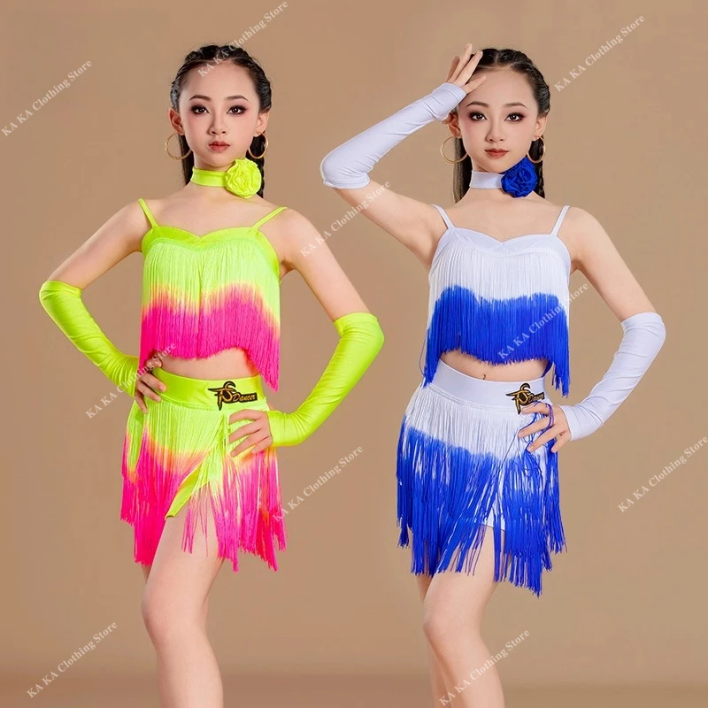 Profissional vestido de dança latina meninas franja tango salsa samba traje de dança de salão crianças desempenho roupas palco traje