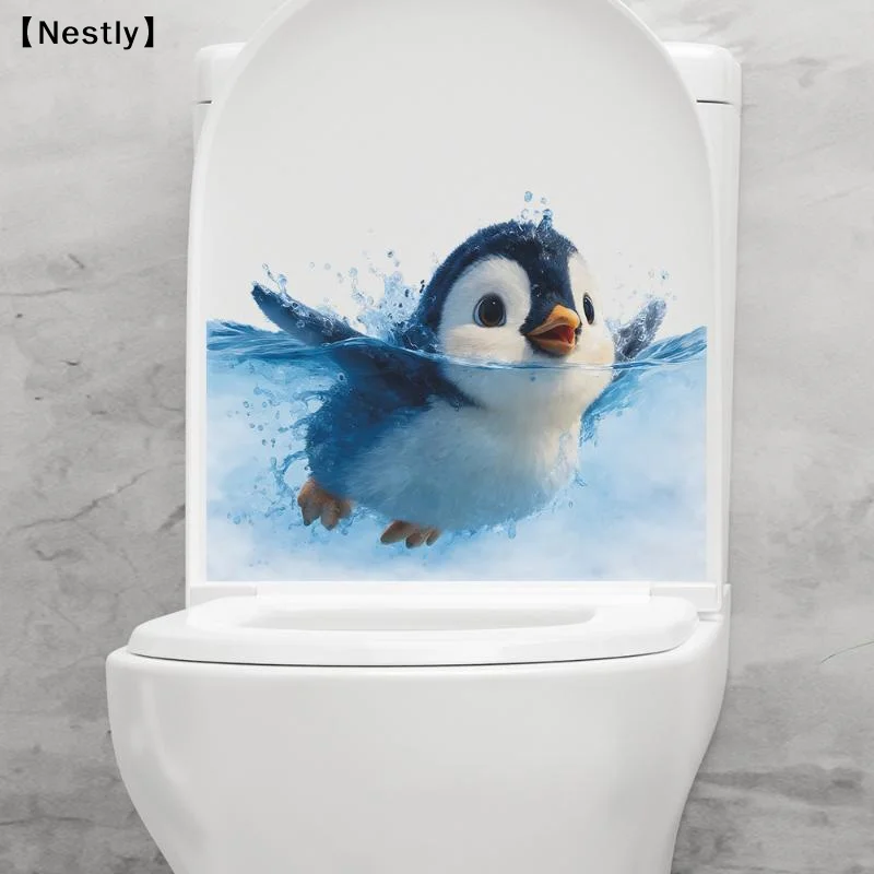 Cute Swimming Penguin Toilet Lid Sticker Waterproof Self Adhesive Perfect For Bathroom Home Decor〔Nest〕