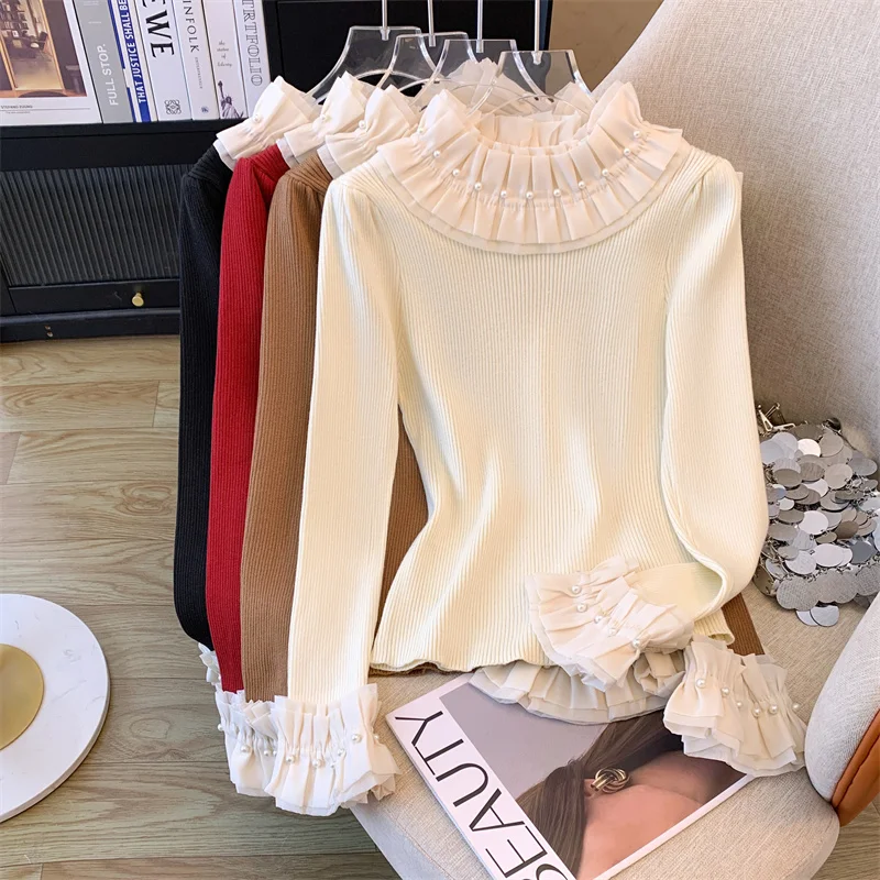 Pearl Beaded Ruffled Collar Slim Fit Sweater Knitwear Women Stylish Elegant Chic Ladies Tops 2024 Autumn Long Sleeve Jumpers