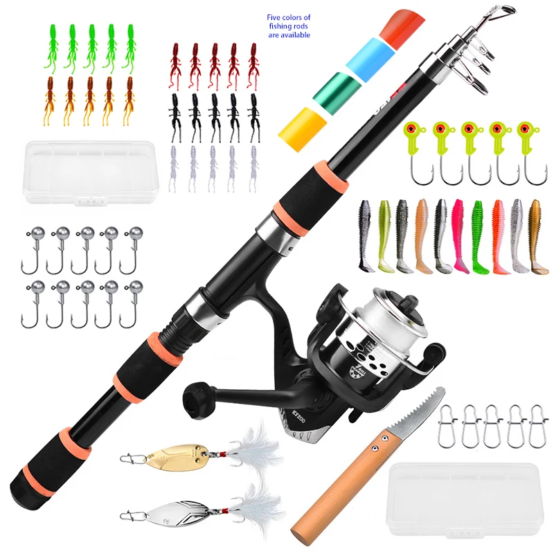 

60PCS Fishing Rod and Reel Full Kit 1.5M 1.8M Telescopic Spinning Reel Baits Lure Tackle Fishing Ultralight Rod Fishing Full Kit