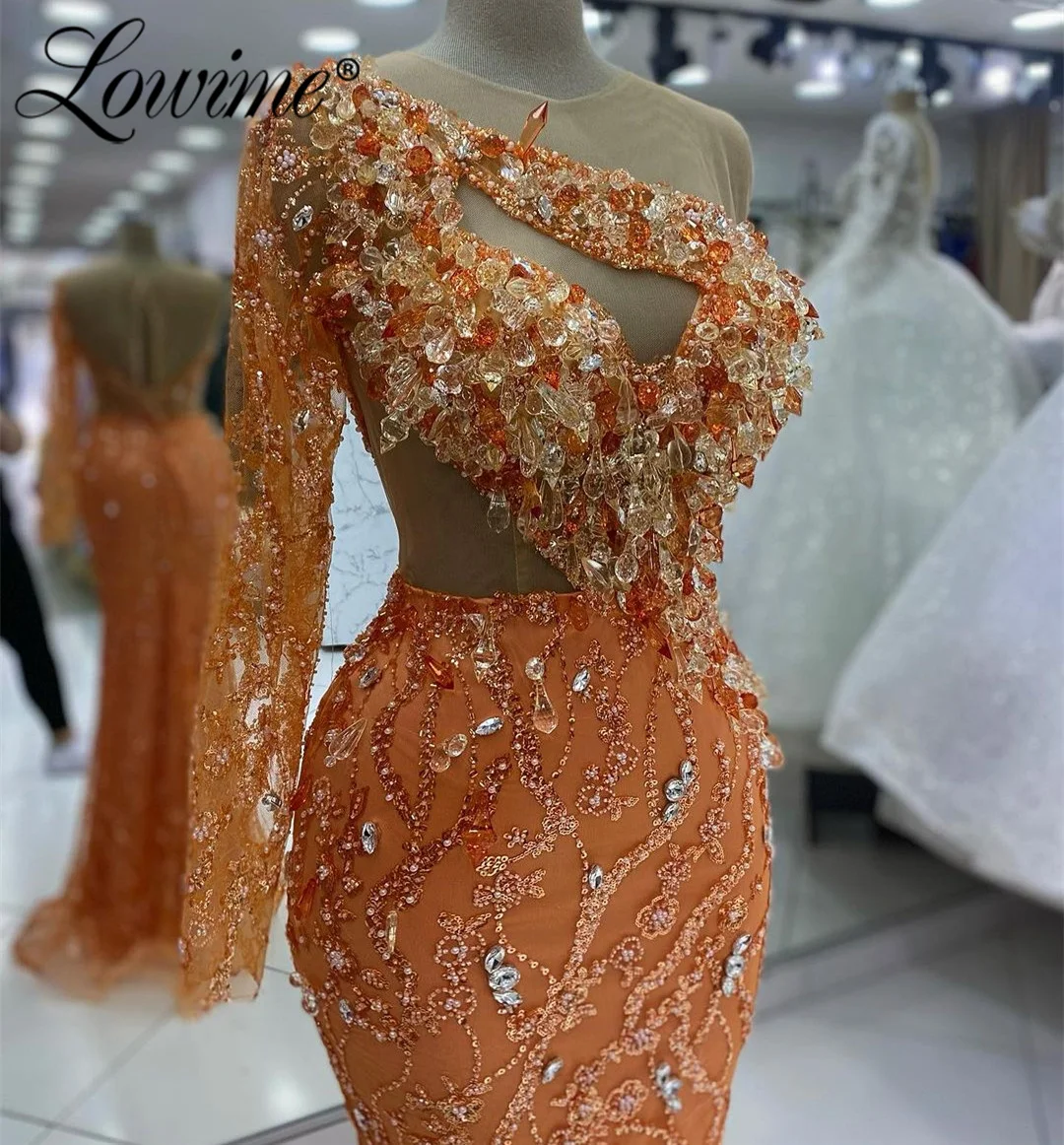 Crystals Orange Aso Ebi Mermaid Prom Dress One Shoulder Sequined Lace Evening Gowns Party Second Reception Dresses Custom Made