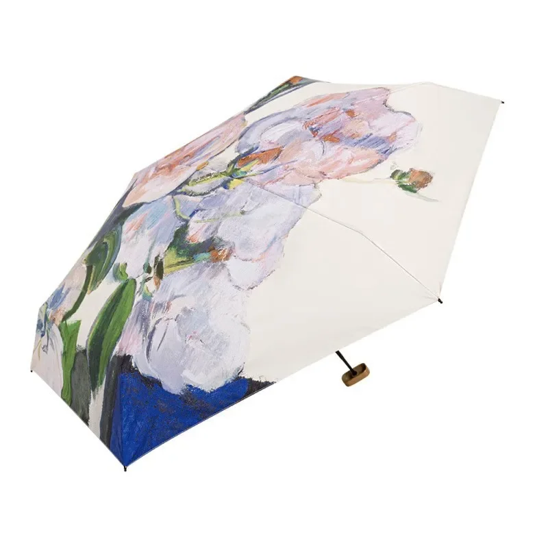 Mini Sun Umbrella Rose Oil Painting Small Pocket Rain Umbrella Folding Umbrella UV Ultraviolet Protection Sun Shade Parasol