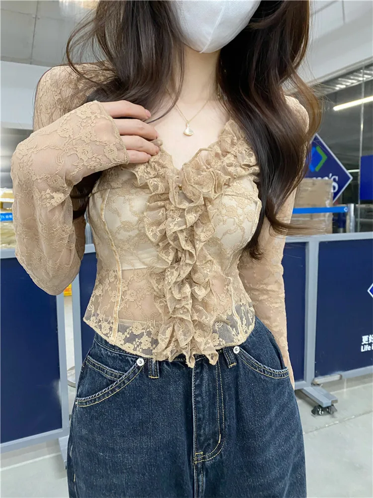New Fashion Sexy Women Sheer Transparent Short Lace Shirt V Neck Ruffles Slim Blouse Base Shirt Long Sleeve Tight Bottoming Top