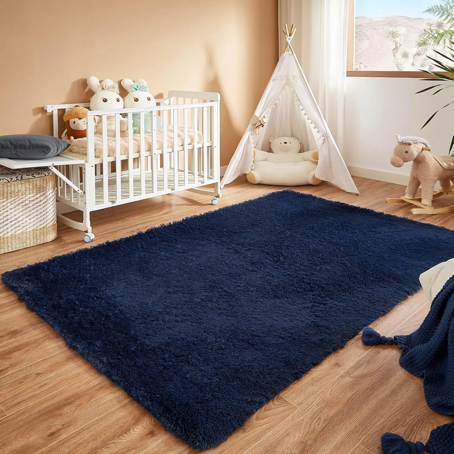 

Plush 4x6 Rug for Bedroom Living Room, Dark Blue Shag Carpet, Soft Fluffy Area Rug for Nursery Kids Room