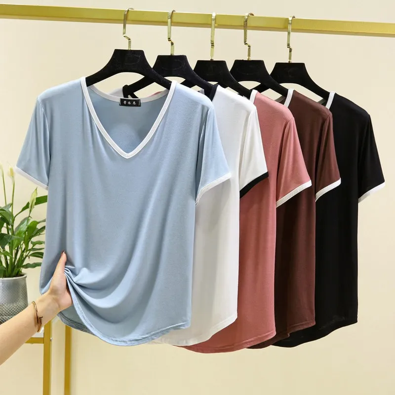 Modal V-neck Tshirt short sleeves women summer Thin T-shirts Loose casual Tee Tops solid color Plus size Base Tees