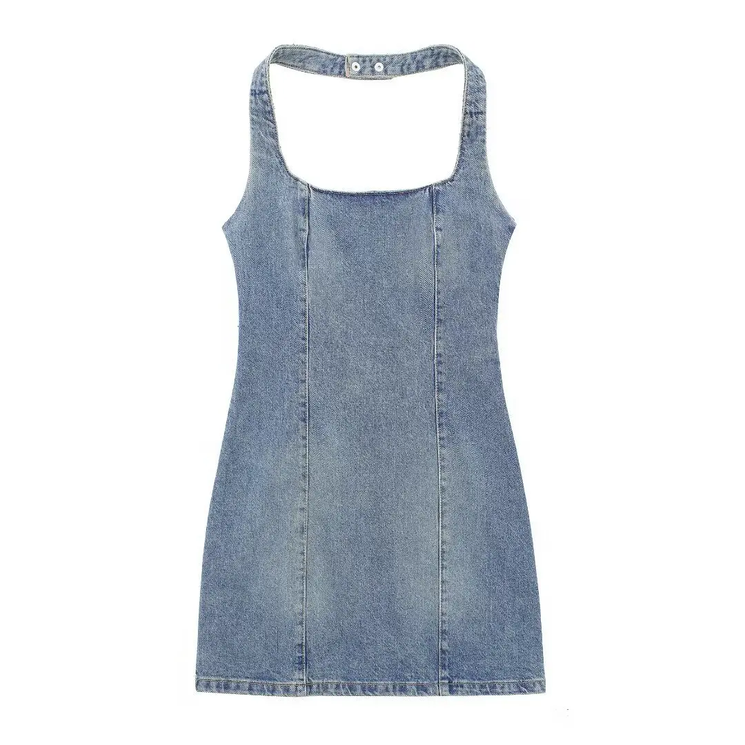 Fashion jeans dress 2024 summer new style halter neck slim mini dress retro washed cotton denim skirt sleeveless suspender dress