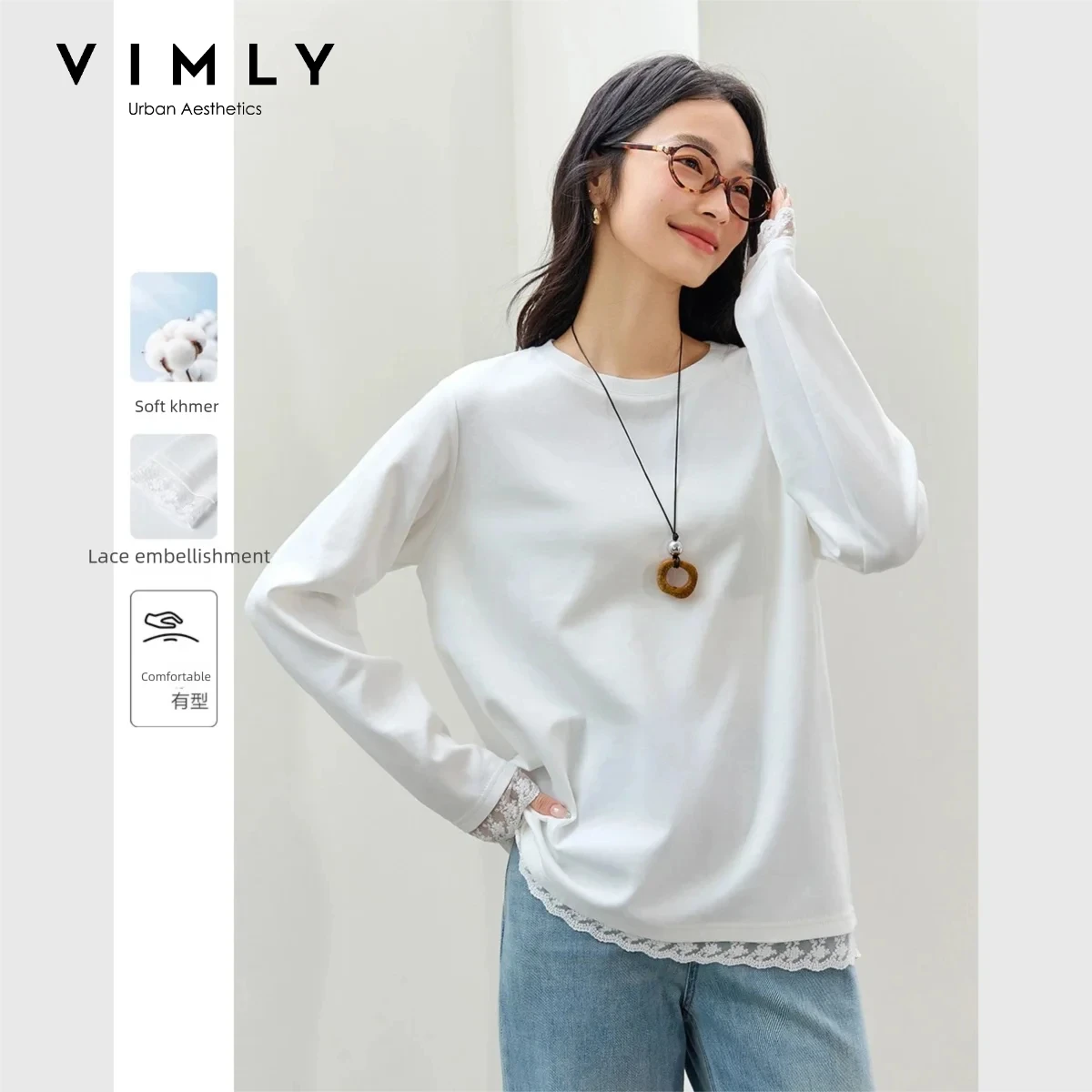 VIMLY Women's White T-shirt Casual Loose-fit Basic Long Sleeve Tees Elegant Fall Round Neck Lace Trim Design Tops Ladies A0287