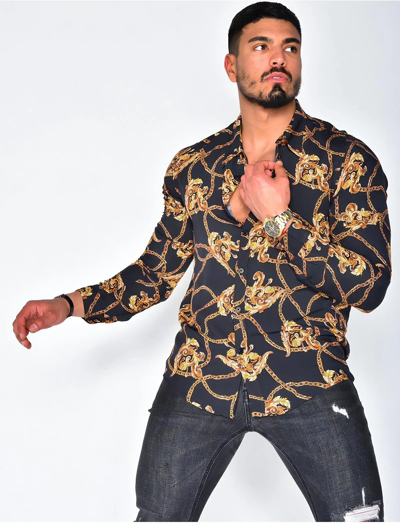 

Luxury Chain Black Golden Cuban Style Men's Long Sleeve Autumn Shirt Mens Casual Streetwear Fashion Outdoor Shirt Tops