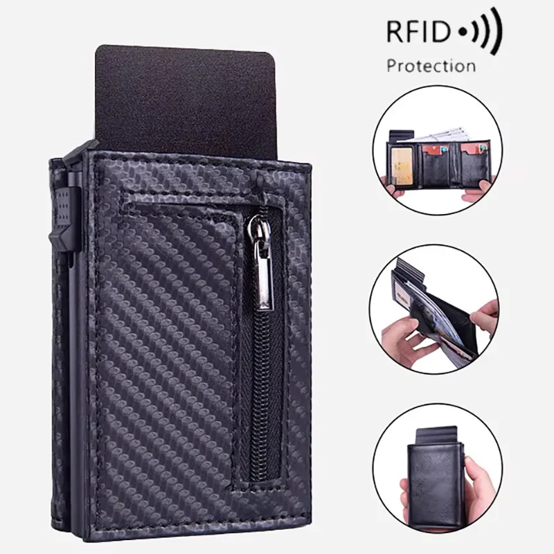 محفظة بطاقات منبثقة أوتوماتيكية للرجال من ألياف الكربون والألومنيوم ومضادة للسرقة ومشبك بطاقات الائتمان RFID ومحفظة حامل بطاقات عالية الجودة #1