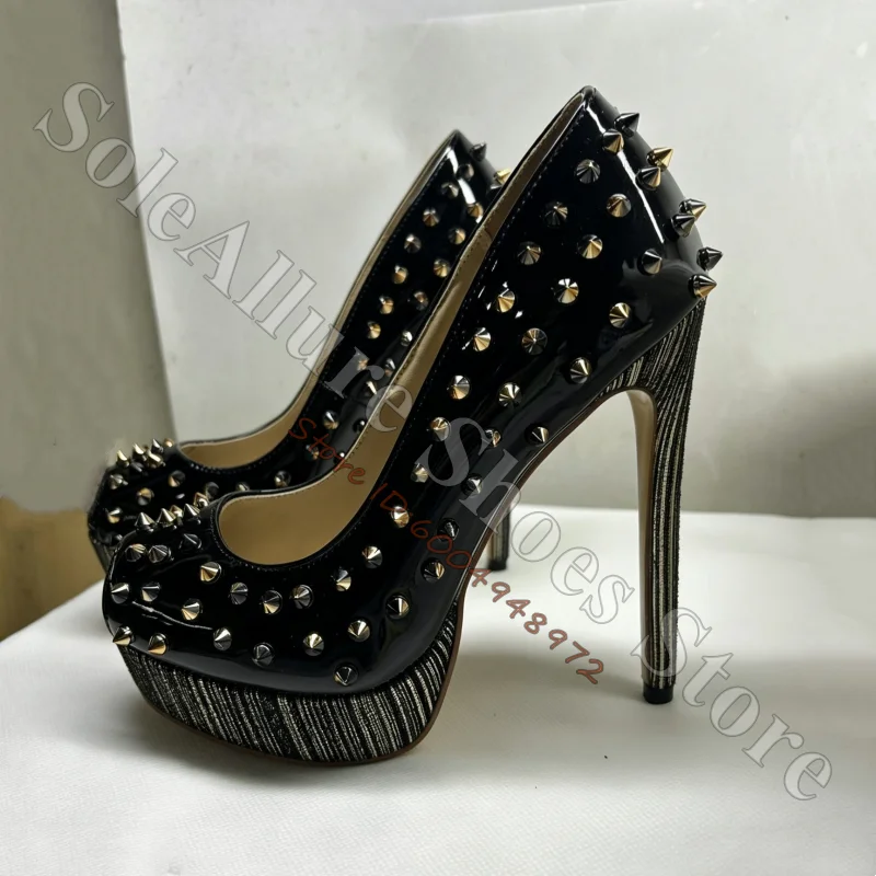 Black Silver Spiked Peep Toe Platform Stiletto Pumps Full Metal Studded Punk Rock Evening Stage Fashion Shoes