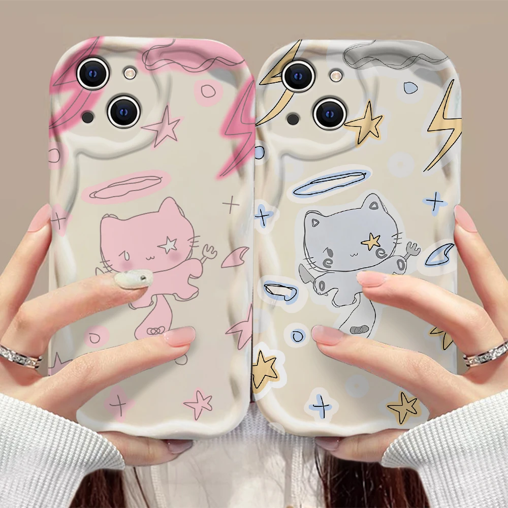 Y2K Cute Cat Pink Angel Kitten 3D Wave Phone Case For Samsung Galaxy S24 S23 S22 S21 S20 FE Plus Ultra 4G 5G Silicone Back Cover