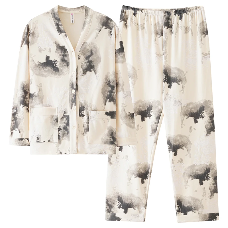 

Элегантный хлопковый осенний пижамный комплект с элегантным узором, женская одежда для сна, повседневный кардиган с длинными рукавами и v-образным вырезом, пижама, женская домашняя одежда