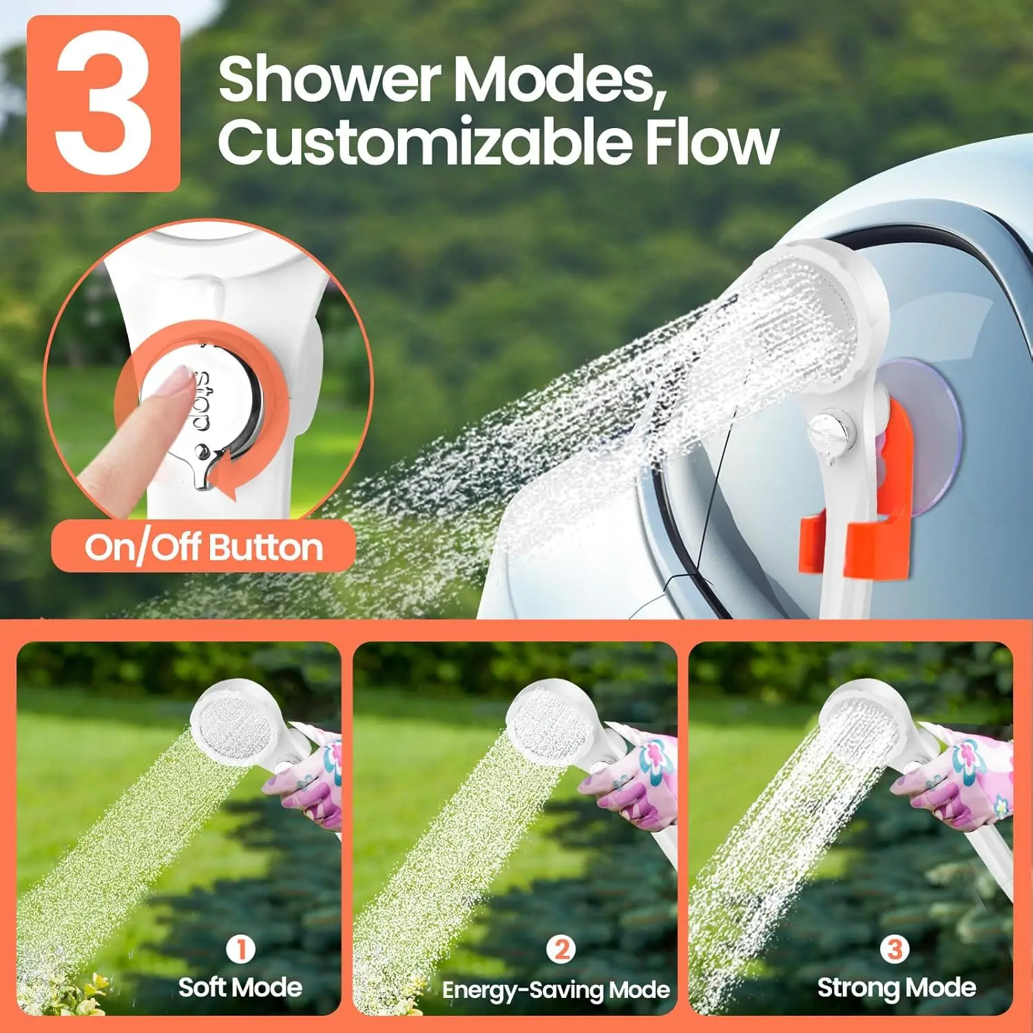 Doccia da campeggio portatile, ricaricabile da 7800 mAh con 3 modalità di spruzzo, impermeabile IPX7, batteria a lunga durata