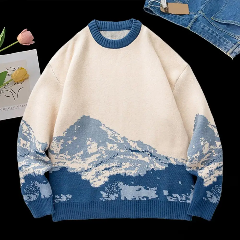 冬のセーター レトロ ブラウン セーター メンズ タイダイ スノーバーグ パターン セーター カラーマッチング ラウンドネック 厚手 ニット 秋用