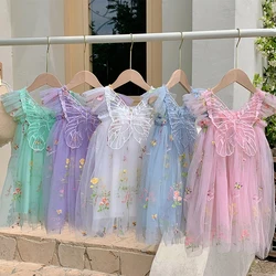 Embroidery Floral Wings Girl Dresses Baby Girl 2024 Summer New Dress Angel Kid Birthday Dress Butterfly Fairy Mesh Party Clothes