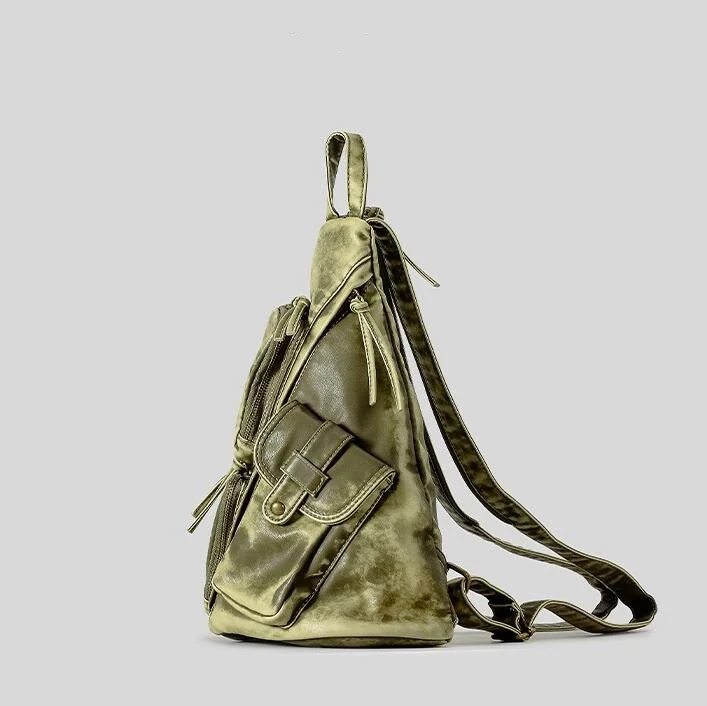 حقيبة ظهر نسائية عالية الجودة حقيبة صدر كلاسيكية مغسولة بجيوب متعددة حقيبة كتف ناعمة من البولي يوريثان