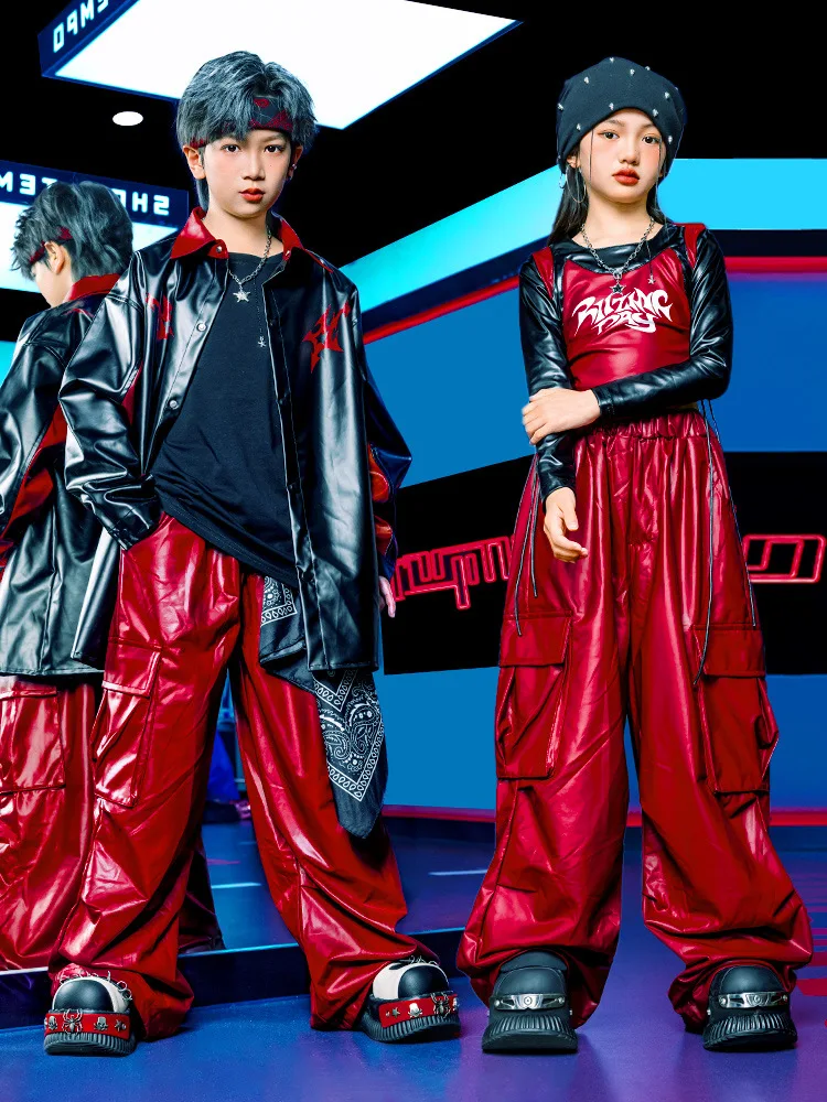 طفل Kpop الهيب هوب الملابس السوداء فو الجلود المحاصيل تي شيرت سترة النبيذ الأحمر البضائع السراويل لفتاة صبي الشارع أزياء رقص الملابس #2