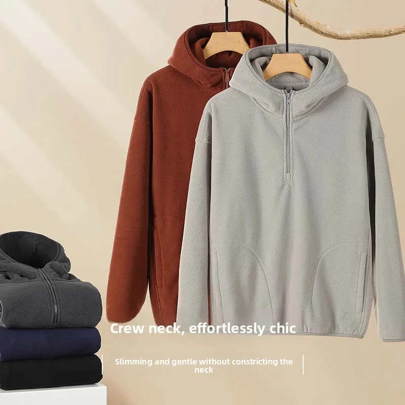 【Mirrordust】سويت شيرت بقلنسوة من الصوف القطبي بنصف سحاب للرجال بلون سادة ودافئ للرياضة في الهواء الطلق