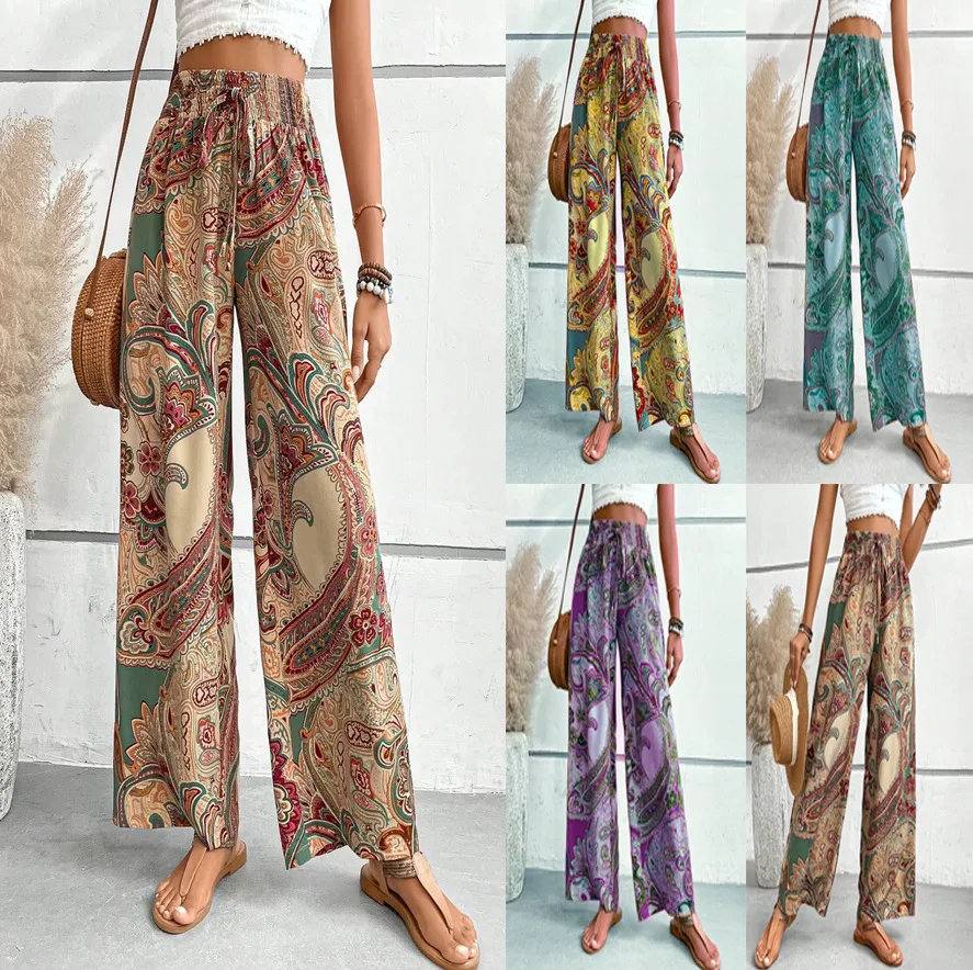 Printed Wide Leg Pants For Women Drawstring Leace-up Bohemian Style Loose Long Pant Lady Fashion Streetwear Casual Trousers New