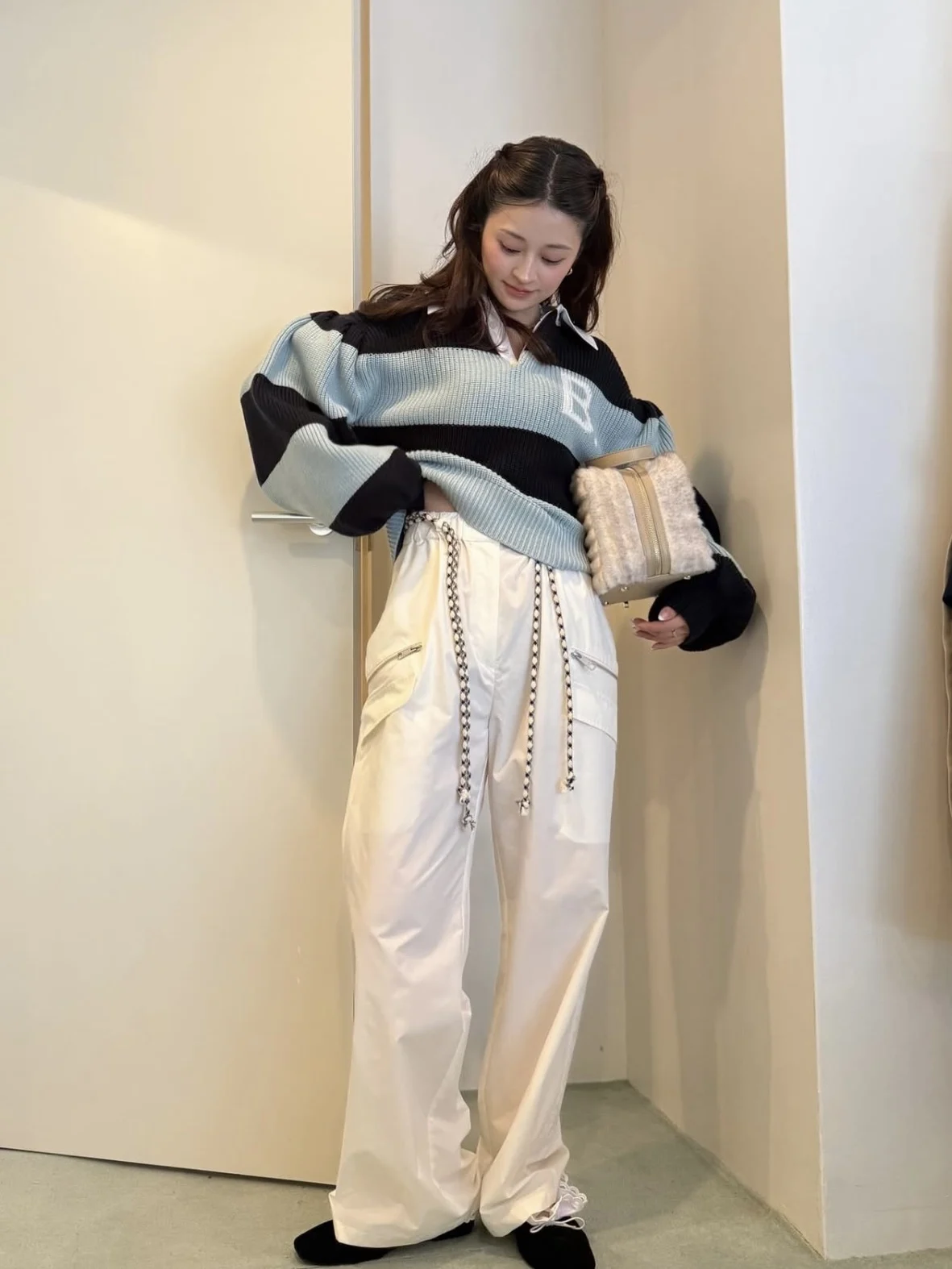 Bibi Retro Color Block Lantern Sleeve Loose Knitted Top Women's Fashion Autumn Winter Thickened Long Sleeve round Neck Sweater