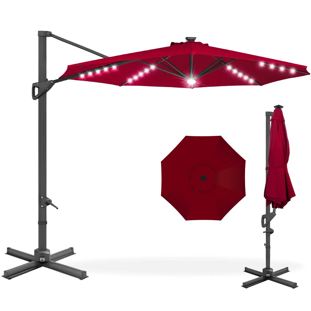 10ft Solar LED Cantilever Patio Umbrella, 360-Degree Rotation Hanging Offset Market Outdoor Sun Shade for Backyard