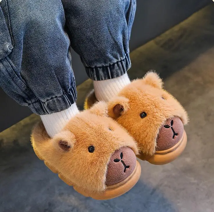 Capybara Kinder Hausschuhe Niedliche Flauschige Winter 2025, Indoor Hause Baumwolle Schuhe Frau Warme Bequeme Cartoon Plüsch Boden Schuhe – Detail 3