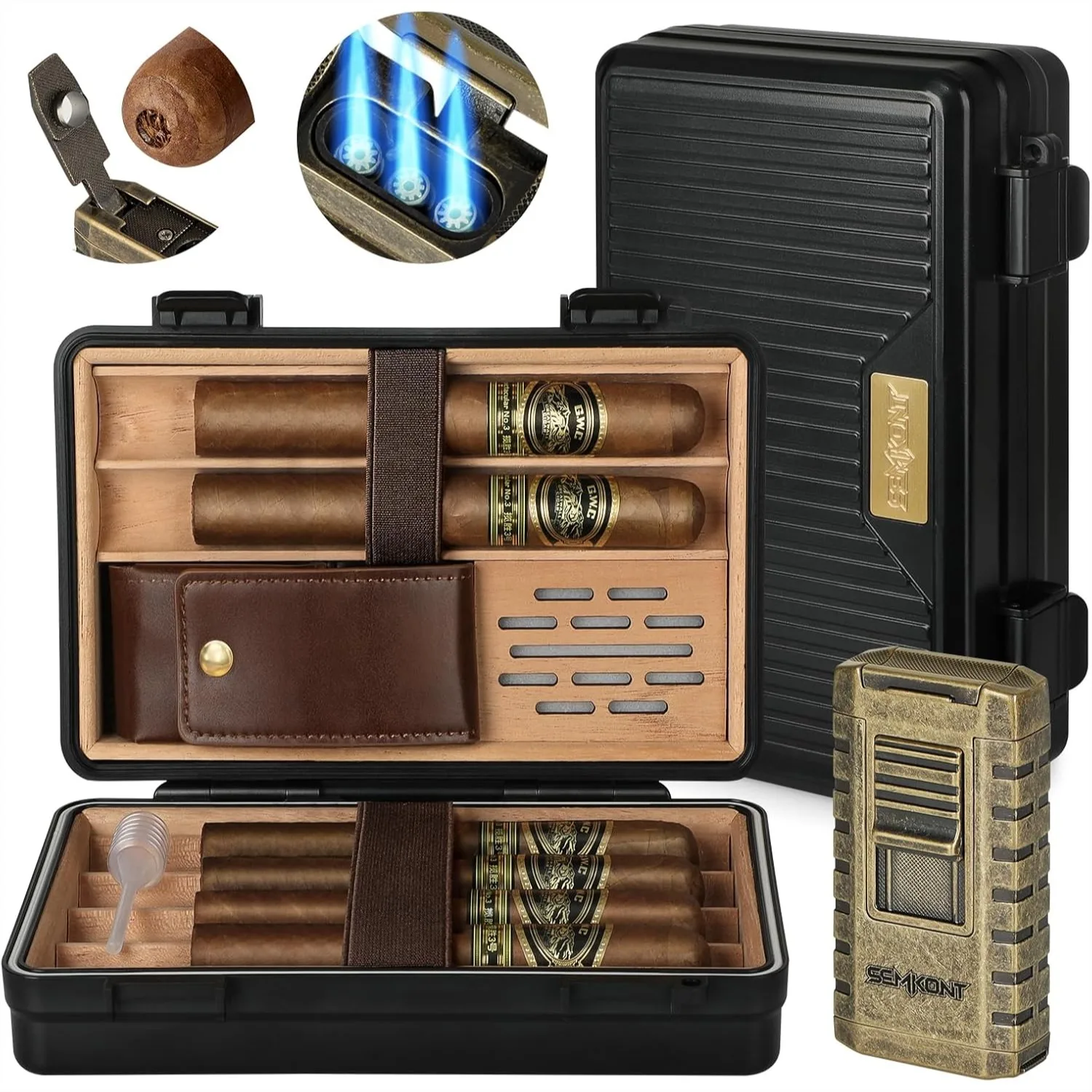 

Travel Cigar Humidor with Cedar Lining, Waterproof Sealed Case Holds 6 Cigars, Includes Humidifier and Lighter Set