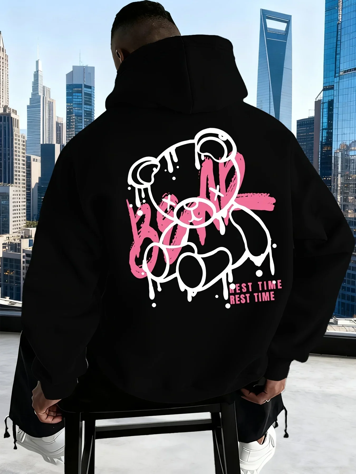 Graffiti Doodle Bear Hoodie Rest Time Letter Graphic Sweatshirt Unisex Pink White Contrast Streetwear HoodedPullover Trendy Tops