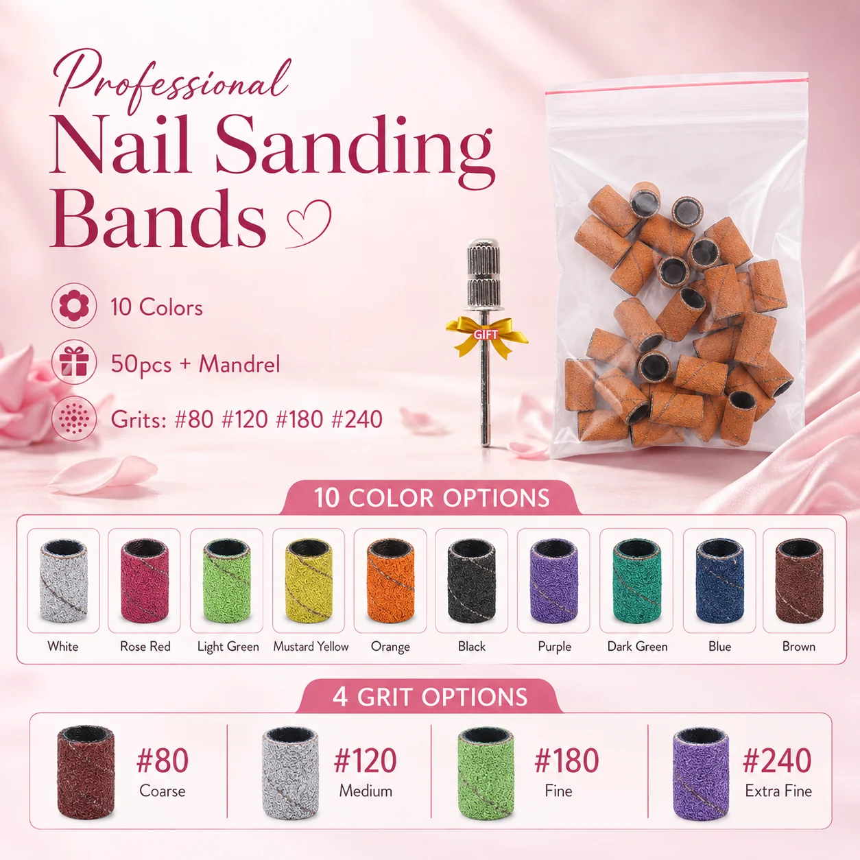 50 Stück Rosa Zebra Schleifbänder # 80 # 120 # 180 # 240 Grit Nagelbohrer-Ersatzschleifringe für elektrische Nagelfeilen und Maniküre