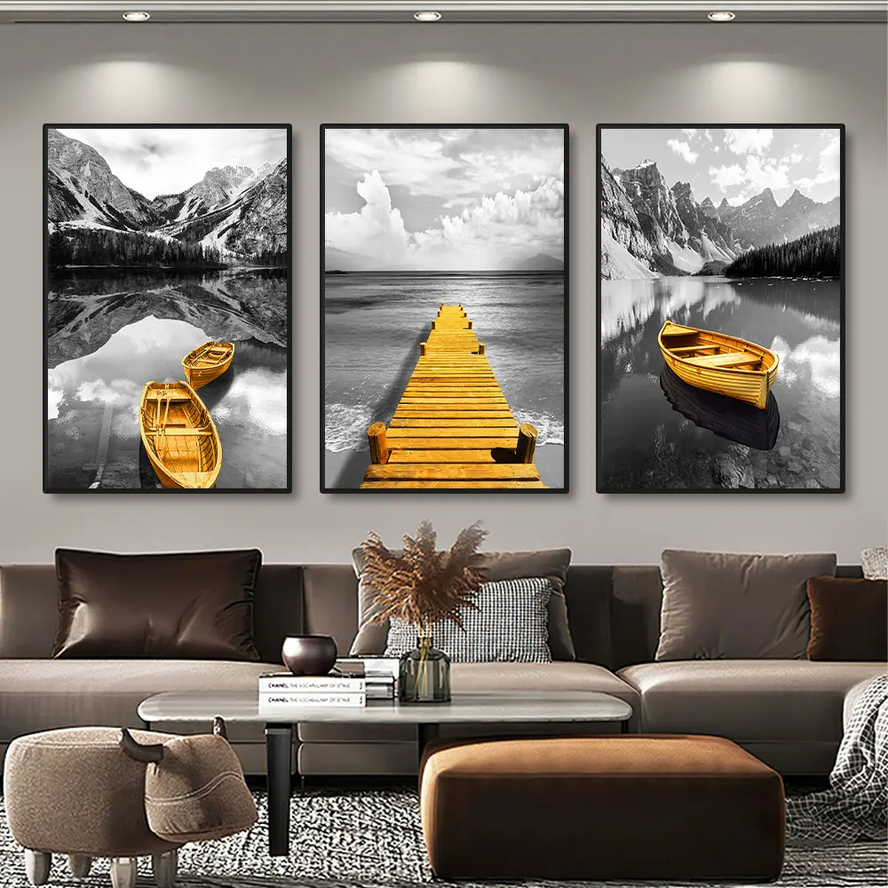 Impresiones en lienzo de paisaje de barco amarillo en el lago, puente de madera dorado, pinturas artísticas de pared abstractas de montaña para decoración del hogar, 3 uds.