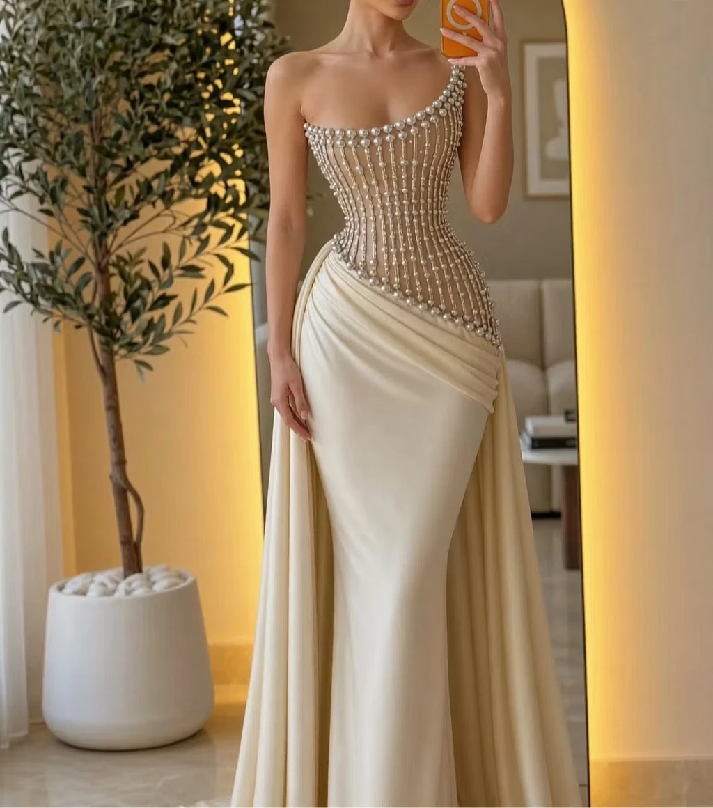 Customized White One Shoulder Mermaid Gown Pearl Beaded Sheer Corset Evening Dress Party Gowns for Women